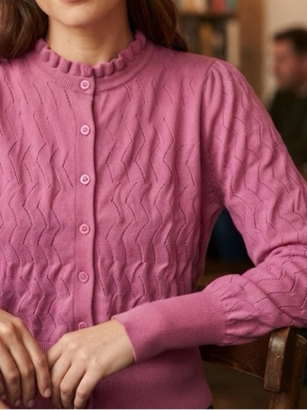 French Connection Raspberry Pink Textured Knit Button Up Cardigan Pullover - Picture 3 of 12